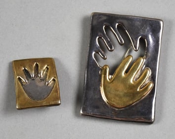 Sterling & Vermeil Hand Brooch and Earring, Signed