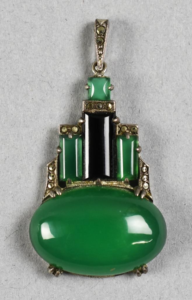 Wachenheimer Art Deco Antique Pendant: Beautiful Wachenheimer Art Deco pendant set with green Chrysoprase and marcasites in sterling silver. Size is 1" x 2". From the home of a collector, dealer, appraiser, lecturer, member of the executiv