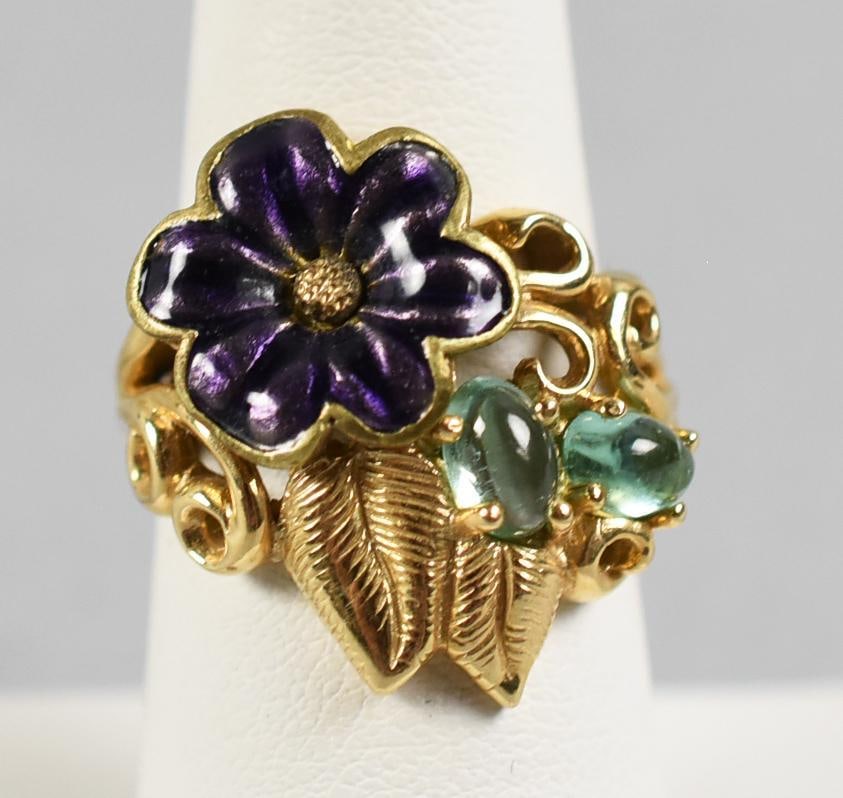 Kabana 14K Yellow Gold Flower Ring, Enamel, Aquamarine (1 of 9)