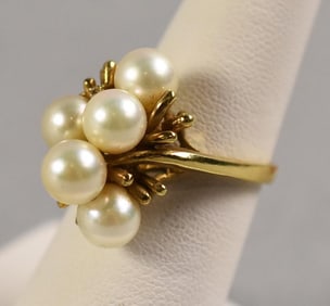 14K Yellow Gold Cluster Pearl and Diamond Ring