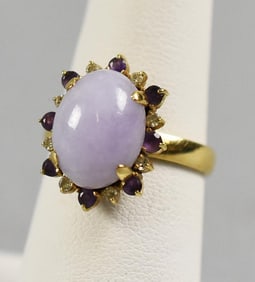 14k Yellow Gold Lavender Jade, Diamonds & Amethyst Ring