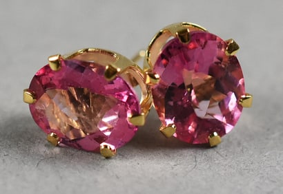 14K Yellow Gold Pink Topaz Post Earrings