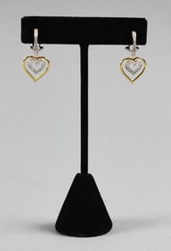14K White & Yellow Gold, Diamond Heart Dangle Earrings