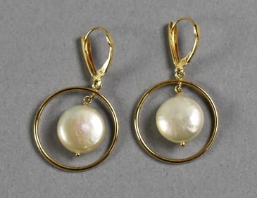 Zimmer Brothers 14K Yellow Gold Button Pearl Dangle Earrings