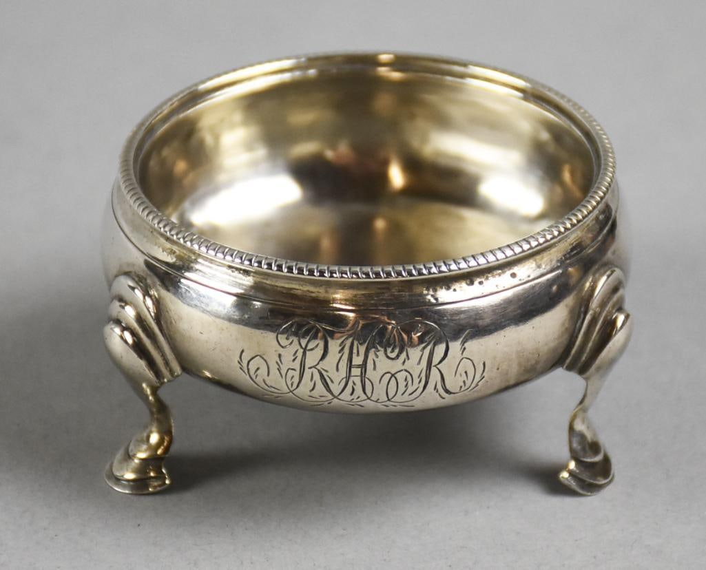 1780 Hester Bateman London Sterling Open Salt: Wonderful antique sterling open salt from London silversmith Hester Bateman. Bowl with gadroon rim, simple body with monogram of RHR in cursive and three hoofed feet. Well hallmarked on bottom with li