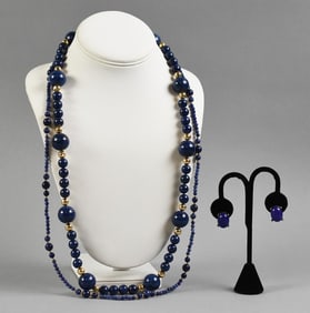 Lapis Lazuli Bead Necklaces & Earrings, 14K Gold