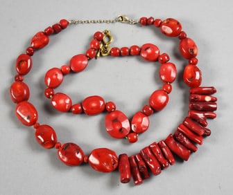 (2) Natural Coral Chunky Bead Necklaces