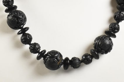 Japanese Carved Shou Wood Beaded Necklace