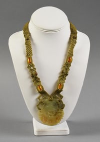 Chinese Jade, Unakite & Amber Macrame Necklace