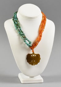 Chinese Turquoise Amber Necklace, Carved Jade Butterfly Pendant