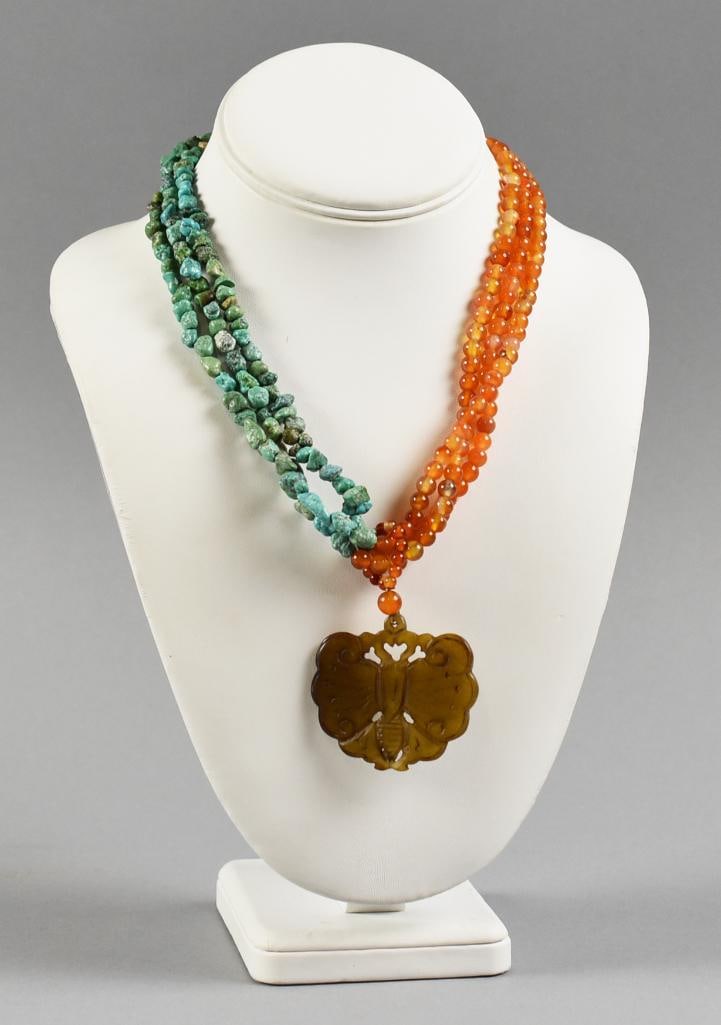 Chinese Turquoise Amber Necklace, Carved Jade Butterfly Pendant (1 of 8)