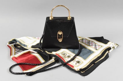 Badgley Mischka Black Trapezoid Flap Bag, Silk Scarf