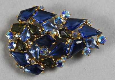 Schiaparelli Blue Crystal Rhinestone Brooch, Signed
