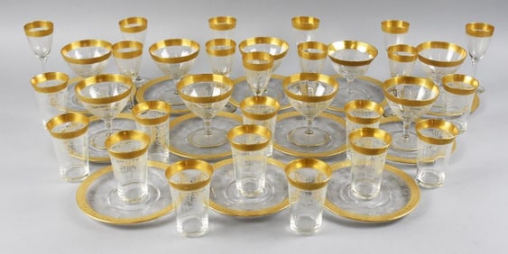 c1930 TIffin Attrib Etched Glass w/ Gold Encrusted Rims
