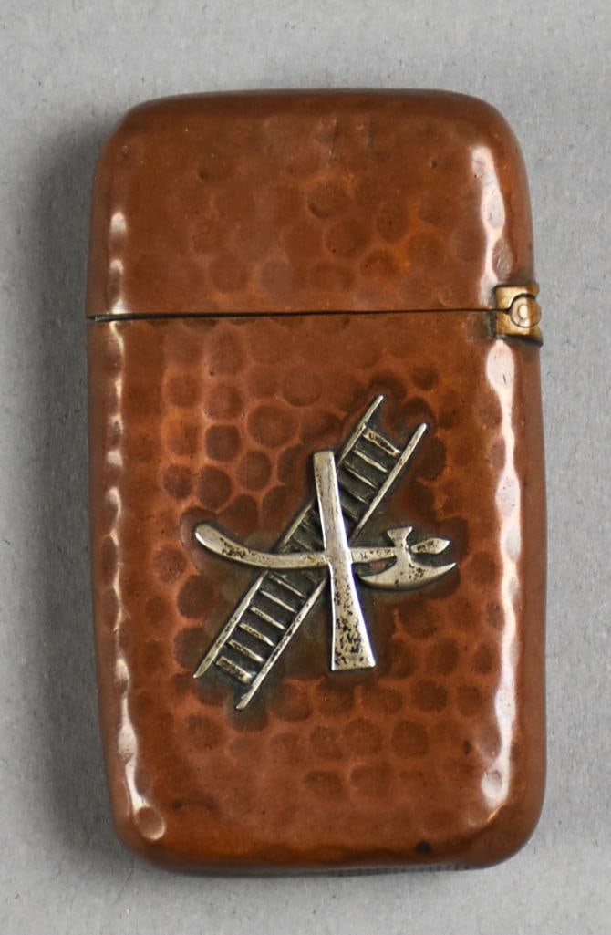 c1883 Gorham Firefighter Match Safe Hammered Copper Silver: Lovely antique match safe from Gorham. Hammered copper with firefighter tools of an ax and ladder on front that appear sterling. Gorham manufactured copper match safes from 1882-84. Measures approx. 1