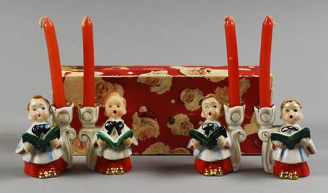 c1950 Japan Porcelain Choir Boys Candle Holders Original Box