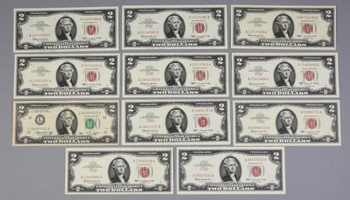 1963, 1976 $2 Two Dollar Bills Red Seal, Crisp Uncirculated
