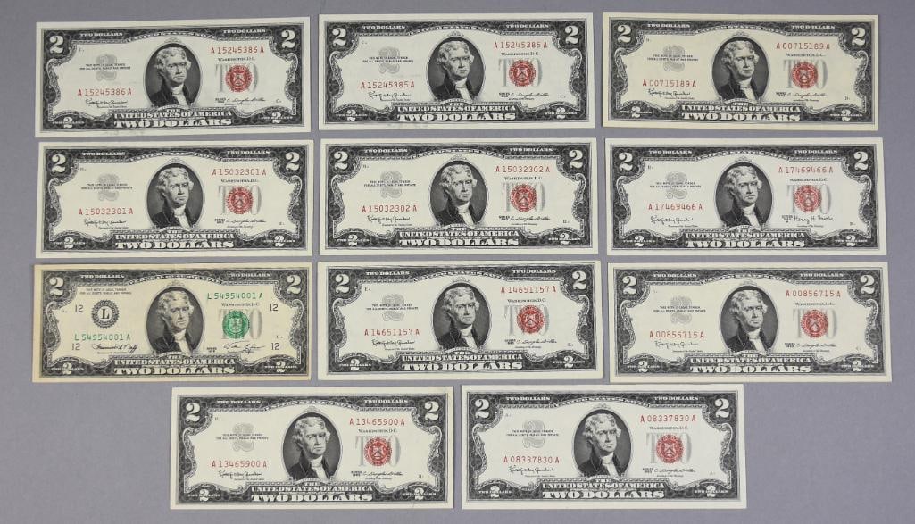 1963, 1976 $2 Two Dollar Bills Red Seal, Crisp Uncirculated (1 of 3)