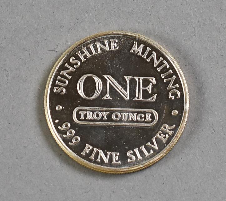 Sunshine Mining 999 Fine Silver Eagle One Troy Ounce: One troy ounce of 999 fine silver from Sunshine Mining, Silver Eagle.
