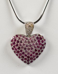 14K White Gold Ruby CZ Encrusted Heart Necklace