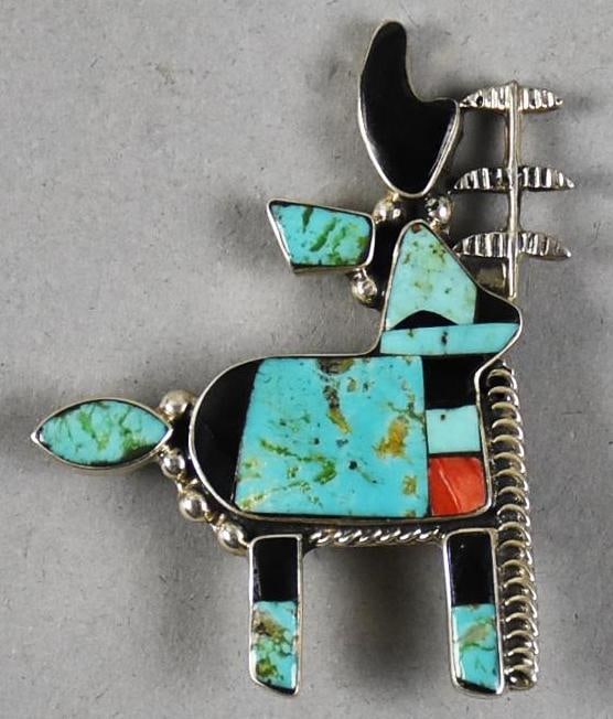 Della & Francis James Sterling Turquoise Antelope Brooch: This is a gorgeous Native American brooch from Navajo artists Della and Francis James. Brooch is in the form of an antelope with turquoise, onyx and spiny oyster. Well marked on back and measures appr