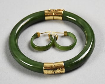 14K Gold Jade Bracelet, Earrings