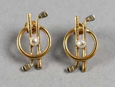 14K Yellow Gold and Pearl Golf Club Earrings