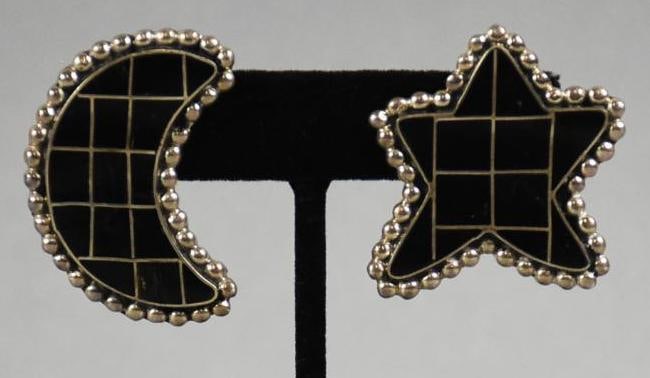 1991 Sterling Star & Moon Black Enamel Earrings, Signed (1 of 5)