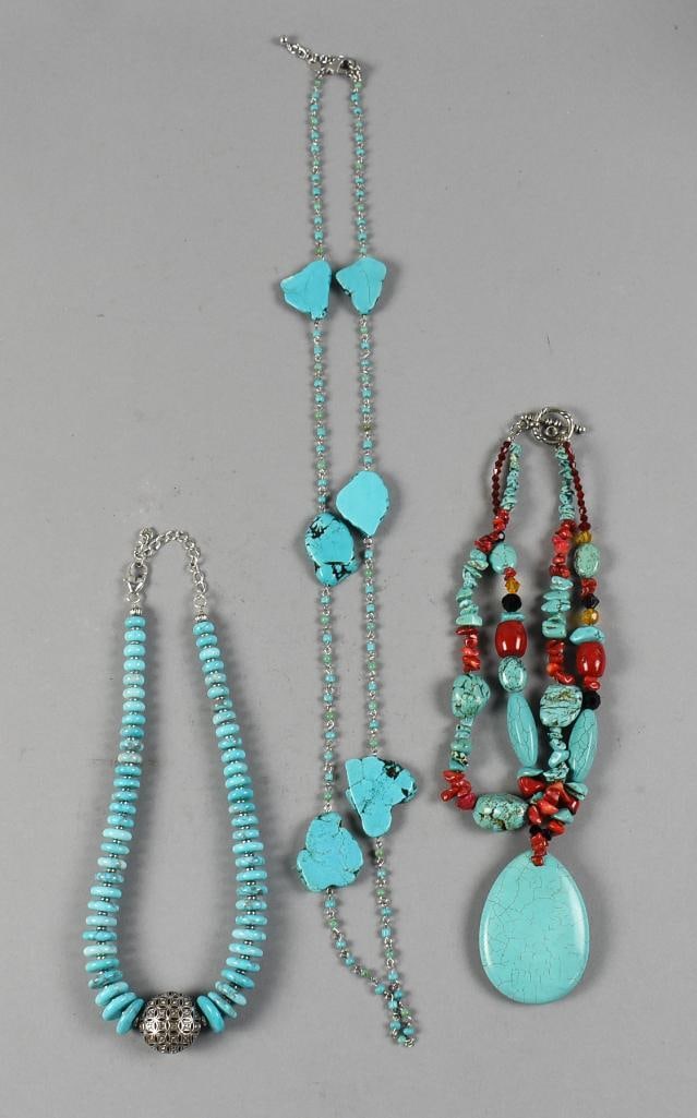 Turquoise Costume Jewelry Necklaces: Very pretty contemporary costume jewelry necklaces. They appear to be faux turquoise, Brighton and Chico's and one faux turquoise with faux coral, unidentified mark. Two measure approx. 16" long, one