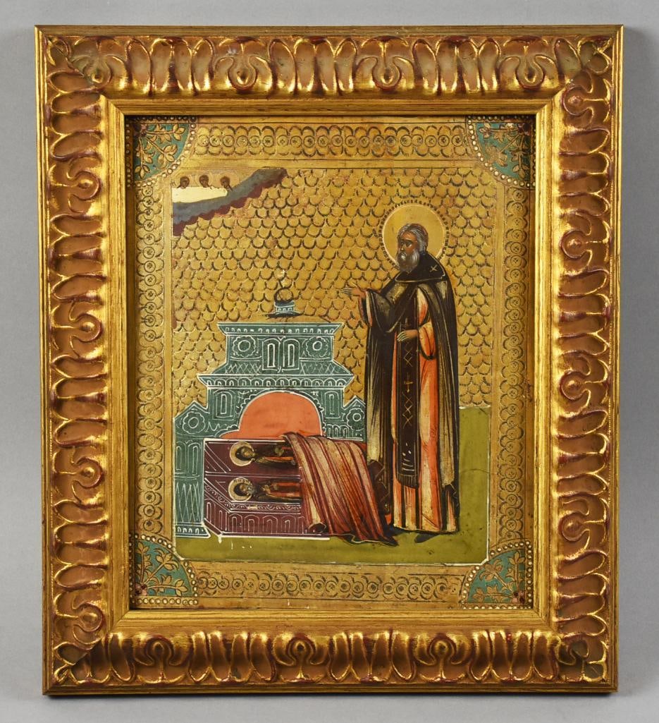 Saint Sergius of Radonezh Painted Russian Icon: 19th C. Russian Icon of St. Sergius of Radonezh, circa 1820–1860. Hand-painted in tempera and gilding on a single wood panel, depicting the saint venerating relics against a fish-scale gilt backgrou