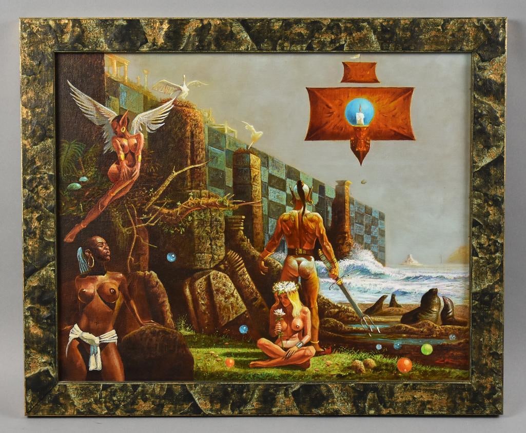 James Zar (1941-2015) Fantasy Landscape Oil on Canvas: Very cool original art from New Mexico/California artist James Zar (1941-2015). This fantasy landscape features a muscular man facing a wall and the sea, a winged nude, a tribal nude and a hippie nude