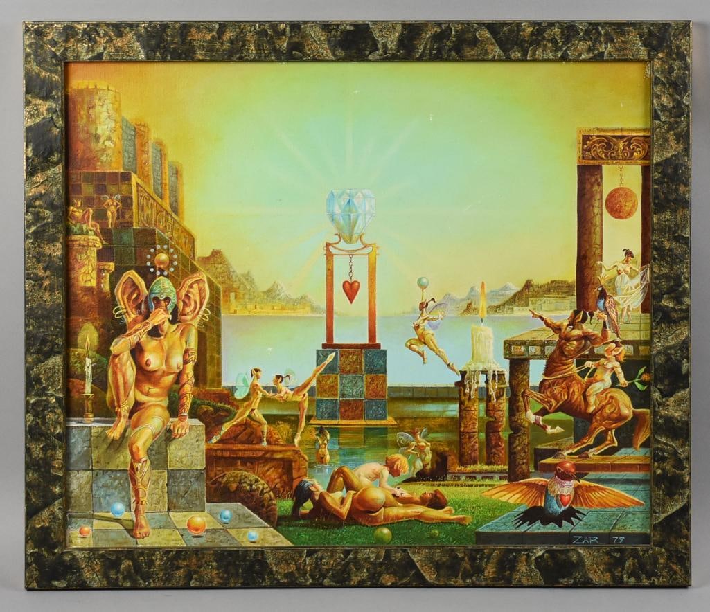 James Zar (b1941-2015) Fantasy Landscape Oil on Canvas: It is an amazing painting by New Mexico/California artist James Zar (1941-2015). It is a very cool fantasy landscape with mythical creatures and nude figures throughout. It is signed in the lower left
