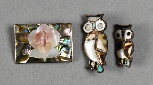 Vintage Sterling and Alpaca w Mother of Pearl Brooches