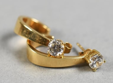 14K Yellow Gold Jacket Hoop Earrings, Crystal Post