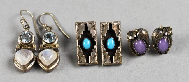 Vintage Sterling Earrings, Moonstone, Turquoise, Topaz