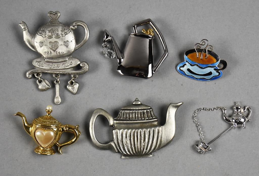 Coffee & Tea Themed Costume Jewelry Brooches: Cute collection of costume jewelry brooches. They are coffee and tea themed, mostly pots and one enamel coffee cup.