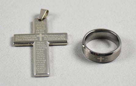 Lord's Prayer Ring & Cross Pendant Tungsten