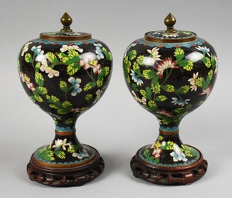 Chinese Cloisonne Lidded Stem Cup Pair