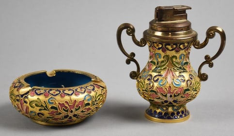 Vintage Chinese Cloisonne Cigarette Lighter and Ashtray