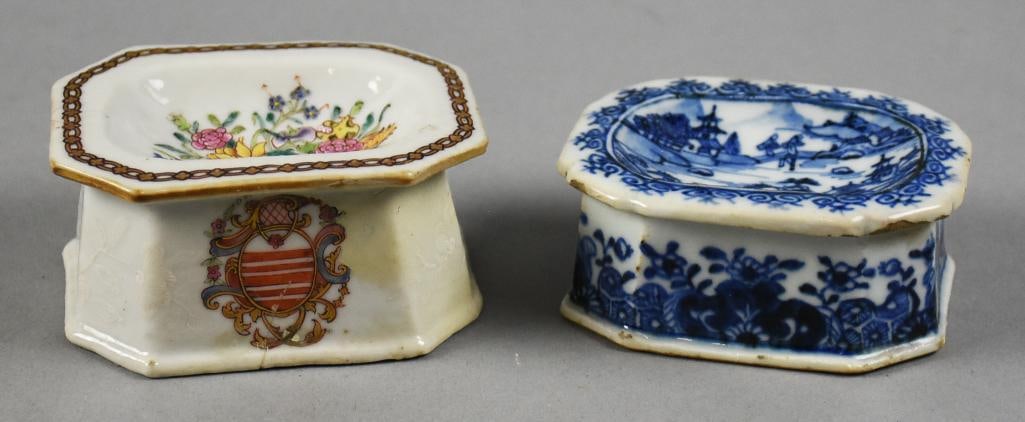Antique Chinese Export Porcelain Open Salts: Gorgeous pair of Chinese export porcelain open salts. One wonderful blue and white landscape and one with a colorful basket of flowers, shield and bird. No visible marks and each are approx. 3" x 3.5"