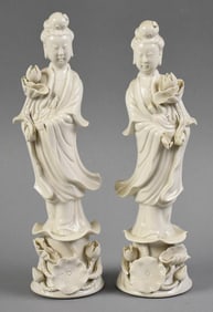 Vintage Blanc de Chine Quan Yin Porcelain Figures, Signed