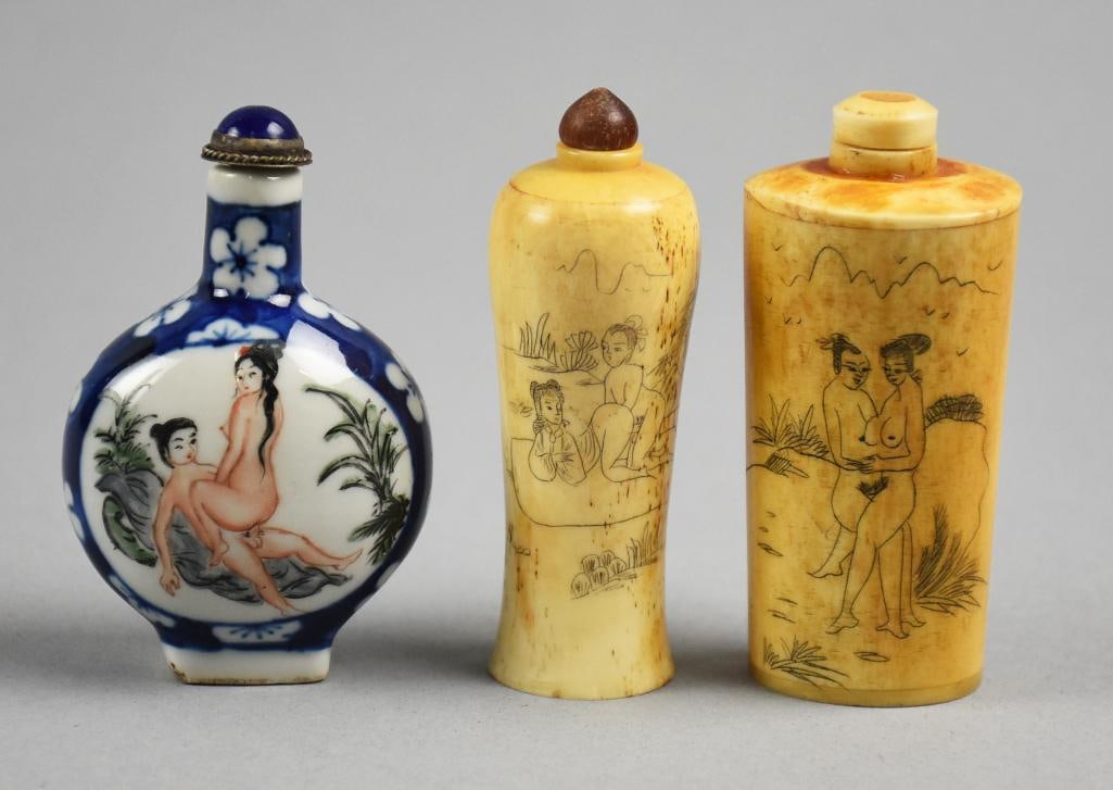 Antique/Vintage Chinese Snuff Bottles, Porcelain & Bone.: Wonderful assortment of Chinese snuff bottles featuring erotic art. The porcelain piece is signed on bottom. The other two appear to be bone with one having calligraphy on the back. Each appear to be