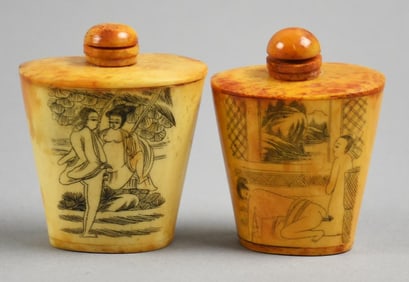 Antique Chinese Erotic Scenes, Carved Scrimshaw Snuff Bottles