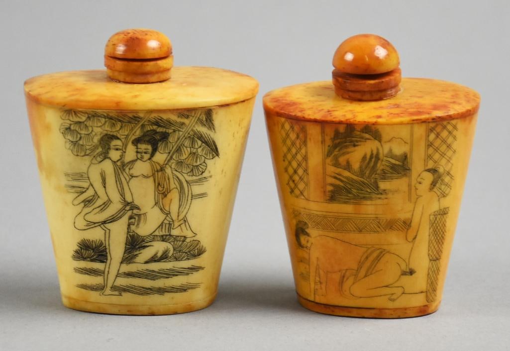 Antique Chinese Erotic Scenes, Carved Scrimshaw Snuff Bottles: Beautiful pair of antique snuff bottles of Chinese origin. Each appears hand carved on bone with erotic scenes. No visible marks and are both approx. 3" tall x 2.5" wide.
