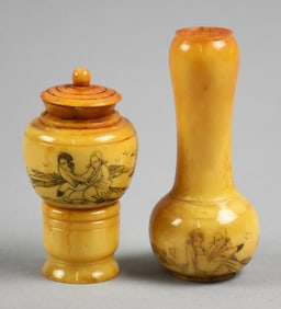 Antique Chinese Erotic Scenes, Carved Bone Snuff Bottles