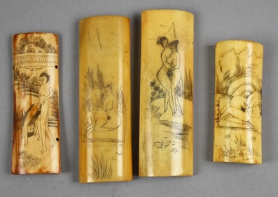 Antique Chinese Erotic Scenes, Carved Scrimshaw Bone Panels