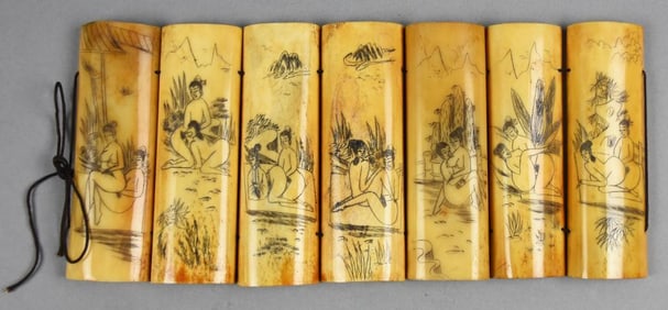Antique Chinese Erotic Scenes, Carved Scrimshaw Bone Panels