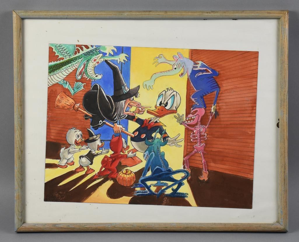 A. Romero after Carl Barks Halloween is Duckburg Watercolor: A. Roman recreated this cool Disney painting called Halloween in Duckburg, originally done by Carl Barks. The image is Donald Duck opening his door to an array of trick or treaters, all Disney charact