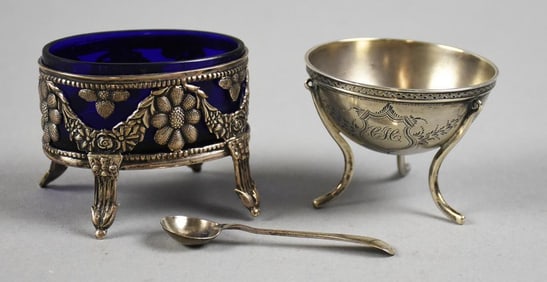 Victorian Sterling Open Salt Cellars, Salt Spoon