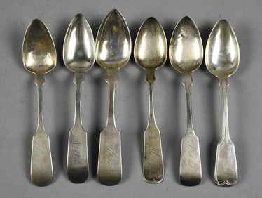 c1850 Coin Silver Fiddleback Teaspoons, Many Marked
